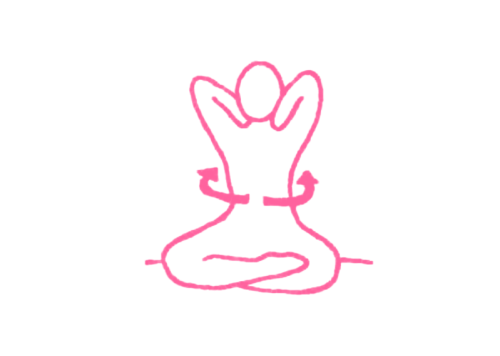 Повороты влево-вправо в Простой Позе с тыльной стороной ладоней за шеей (2 мин). Упражнение Кундалини Йоги 1