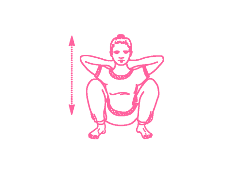 Приседания в Позу Ворона с переплетенными пальцами рук за головой (до 26 раз)