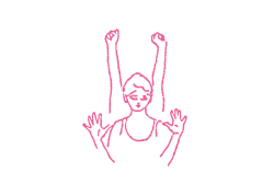 Вдох, с вытянутыми вверх руками и сжиманием и разжиманием рук в кулаки