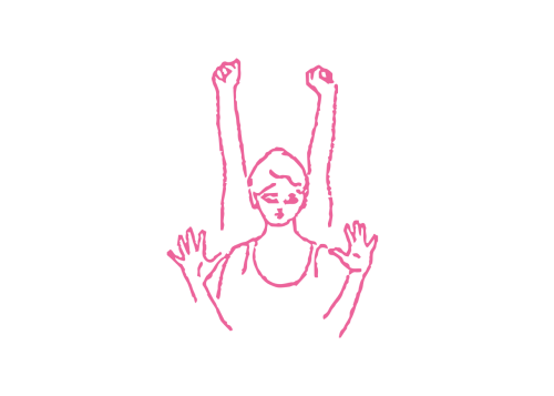 Вдох, с вытянутыми вверх руками и сжиманием и разжиманием рук в кулаки